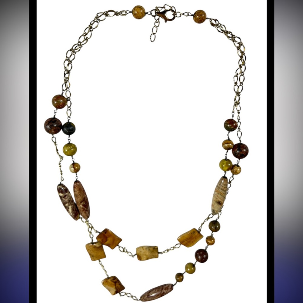 Vintage Natural Picasso Jasper Layered Necklace Multistrand Stone Earthy‎ Boho